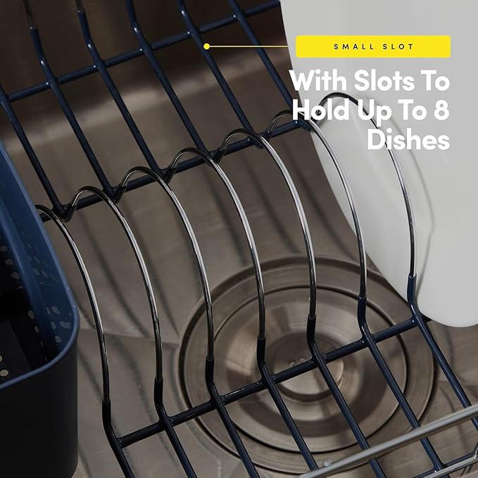 Dish Drying Rack & Cutlery Holder 2 Piece Set - Compact Sink-Fitting Dish Drainer with Rubberized Undercoating, Space-Saving Kitchen Organizer for Plates, Cups, Bowls & Utensils in Sink, Navy Blue