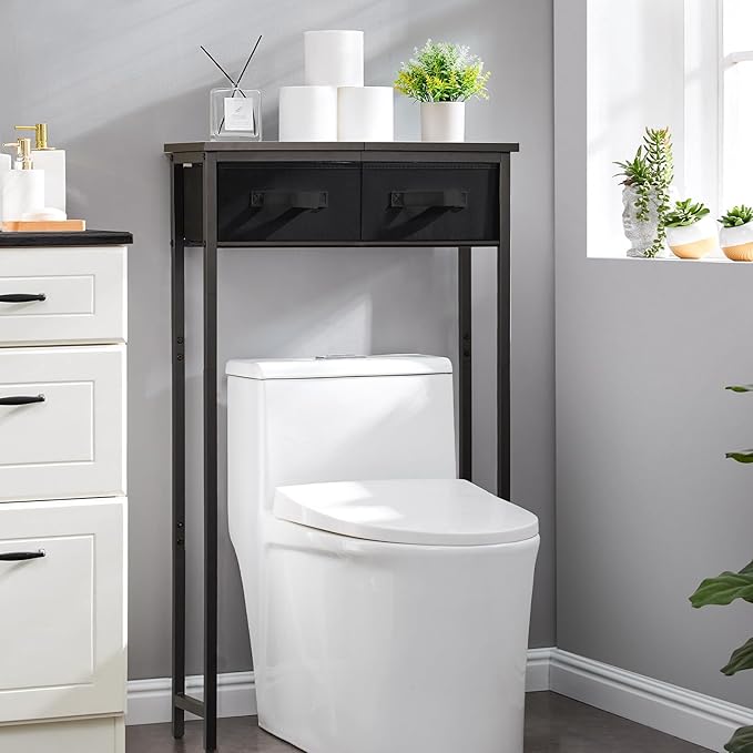 MOHOPE 2-Tier Over The Toilet Storage with 2 Fabric Drawers, Freestanding Above The Toilet Storage Cabinet, Space Saver Metal Over Toilet Bathroom Organizer Shelf for Small Space, Black