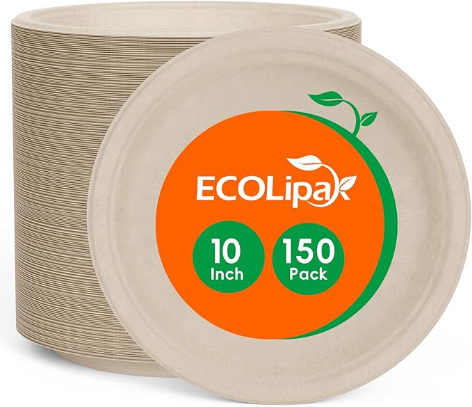ECOLipak 150 Pack 10 inch Compostable Disposable Paper Plates for Party