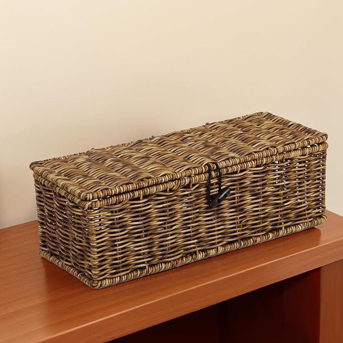 Waterproof Wicker Storage Basket with Lid, Rectangular Tank Woven Baskets with Sections, Decorative Box for Snack Toys Bathroom (Brown)