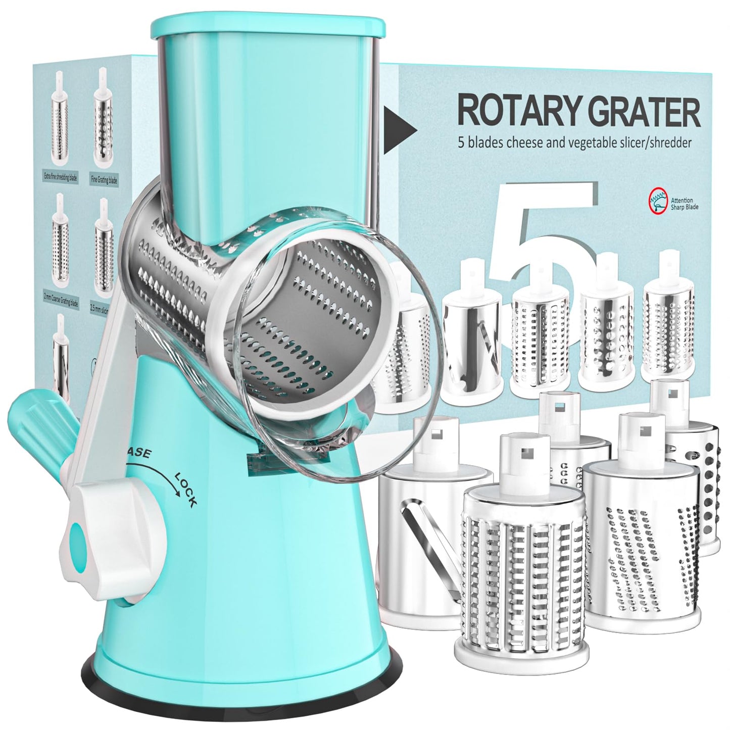 Cambom Rotary Cheese Grater Hand Crank Cheese Shredder for Fresh Cheese, Vegetable, Nuts,Non-slip Suction Base，Three Blades,Blue