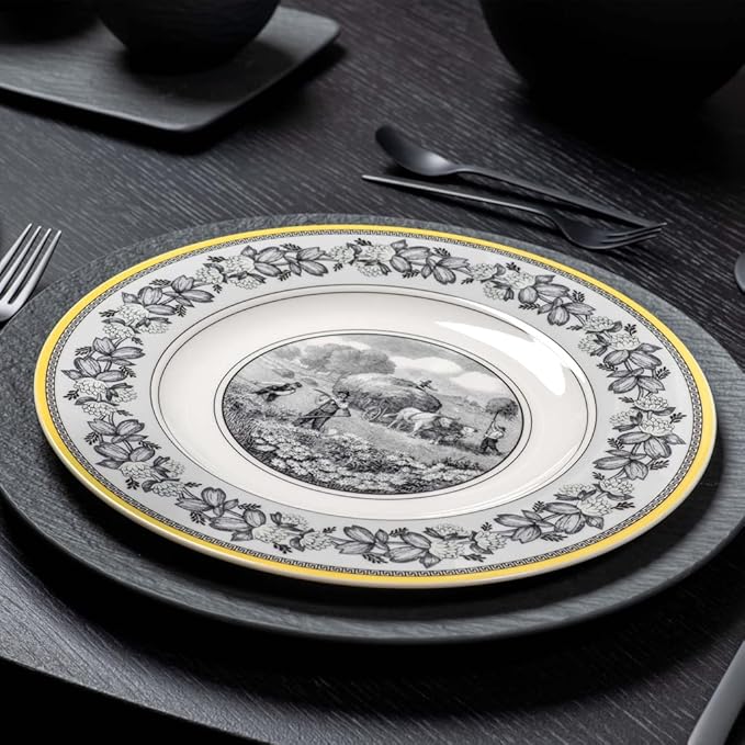 Villeroy & Boch Audun Ferme Dinner Plate, 10.75 in, Premium Porcelain, White/Grey/Yellow