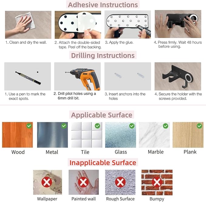 Hair Dryer Holder Wall Mounted, Hair Dryer Organizer Self Adhesive Compatible with Dyson Blow Dryer Holder Aluminum BlowDryer Holder Wall Mounted for Bathroom Black