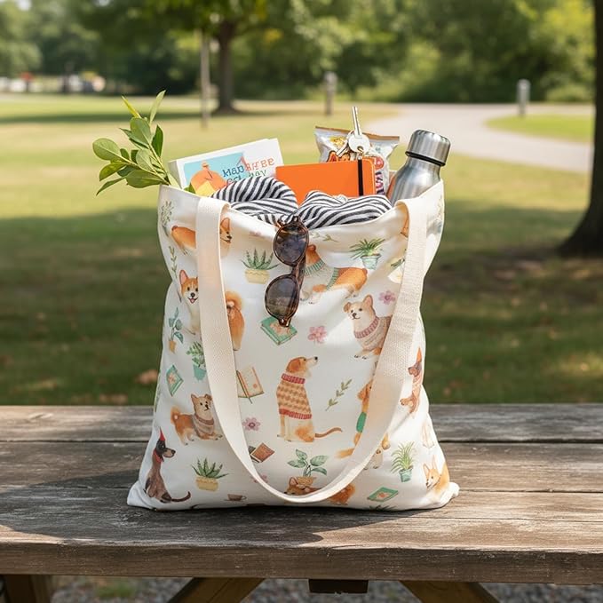 MOLOVA 1-PACK Reusable Grocery Shopping Bag, Cute Dog Pattern Canvas Tote Bag with Magnetic Snap Closure and Zipper Inner Pocket