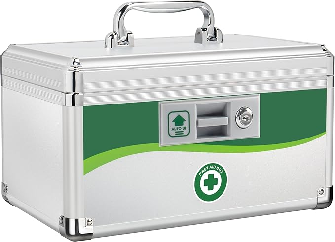 Medicine Lock Box with Keys, Medication Storage Lock Box, (Size-Medium 12 * 7 * 7.1inch) First Aid Safe Layered Aluminum Daily Medicine Lockable Box with Key