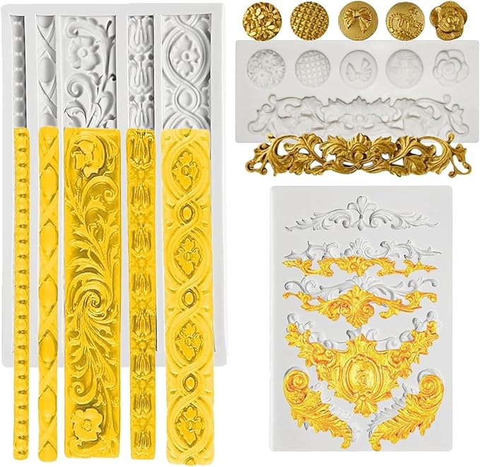 Pofflujent 5 Pcs Baroque Silicone Molds Baroque Style Curlicues Scroll Lace Fondant Silicone Mold Scroll silicone Baroque Mold Relief Flower Lace Mould for Wedding Birthday Cake Decoration