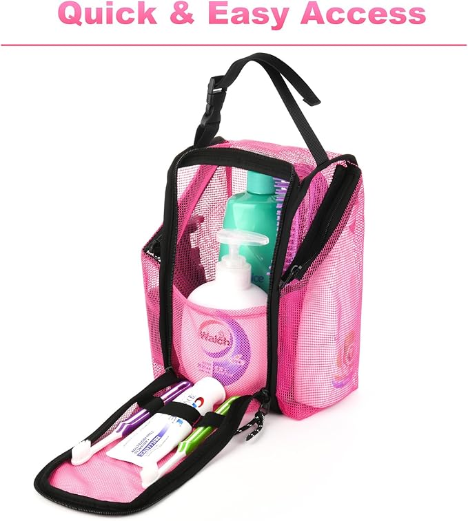 Cosmos Mesh Shower Caddy Toiletry Organizer Hanging Shower Tote Bag, Quick Dry Shower Organizer Portable Bath Bag with Durable Zippers & Side Pockets for Travel Gym Swimming Beach & Camp (Hot Pink)