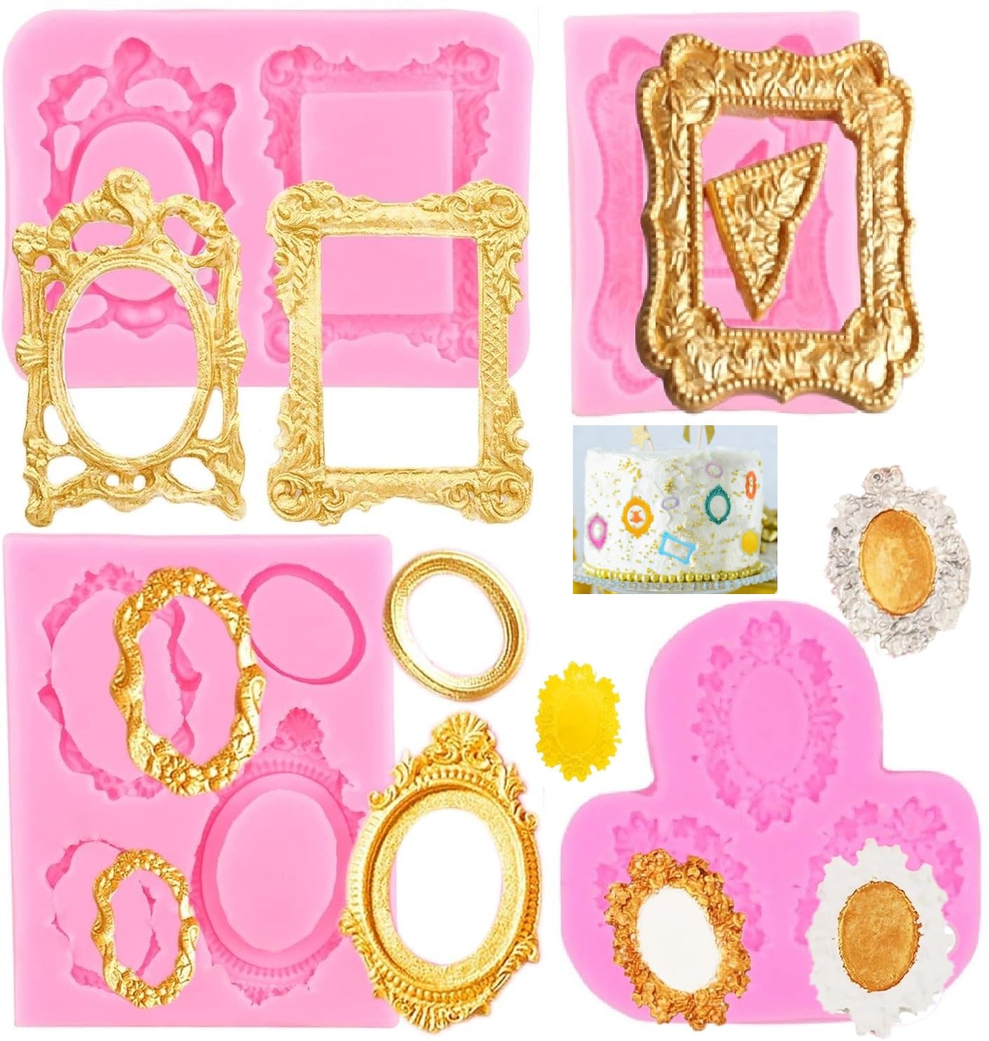 Photo Frame Fondant Molds, Picture Frames Silicone Mold Vintage Frame Chocolate Molds for Cake Pop Puck Decorating Cupcake Topper Candy Polymer Clay