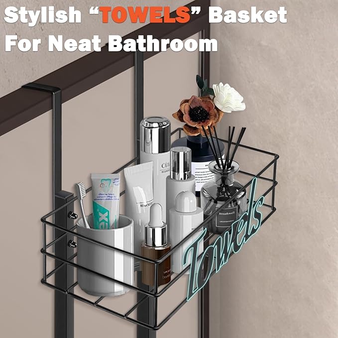 HarJue Over The Door Towel Racks, No Drill Towel Storage with Basket & Hooks, Space-Saving Multi-Functional Towel Holder for Bathrooms, bedrooms, Apartments, RVs (Matte Black)