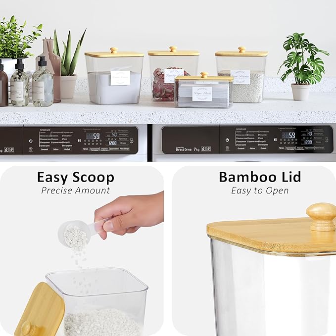 Laundry Room Organization and Storage, Laundry Pods Container and Dryer Sheet Holder with Bamboo Lids and Labels, Laundry Organizer with Scoops for Booster Beads, Powder, Pods, 4+1 Pack