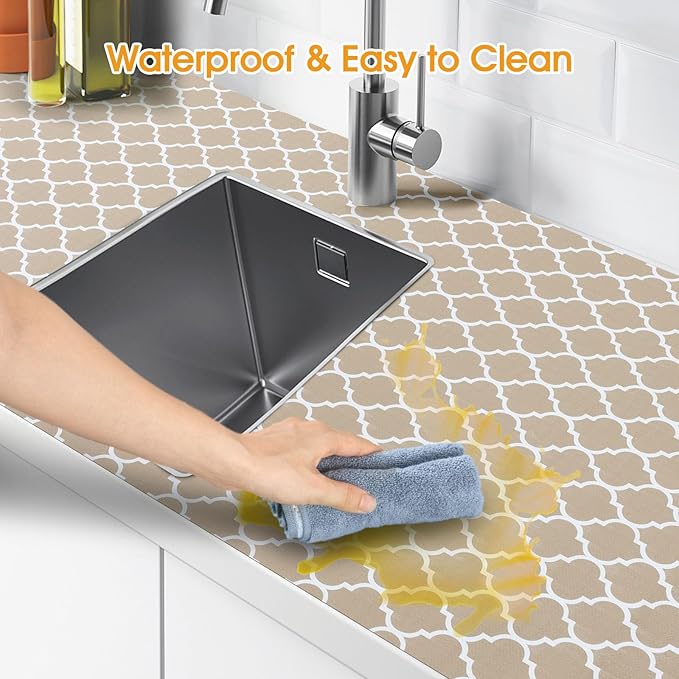 Shelf and Drawer Liner for Kitchen Cabinets Non-Adhesive, Strong Grip Non-Slip Thickened Cabinet Liners for Shelves, Waterproof Mats for Dresser Cupboard, Beige, 12 in x 10 Feet
