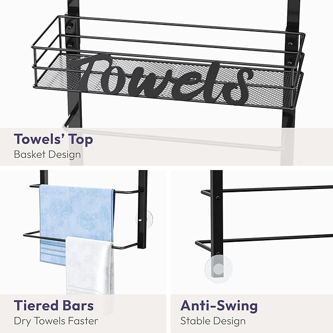 SWTYMIKI SWTYMIKI Over The Door Towel Racks for Bathroom - 5-Tier Wall Mounted Bathroom Towel Storage Organizer Holder with Metal Shelf (3 Tier-Black)