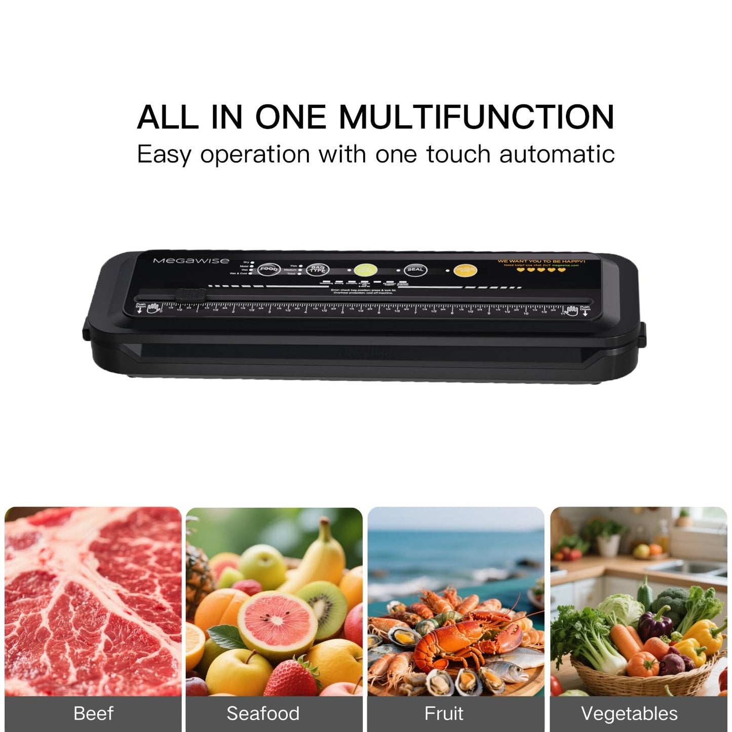 MEGAWISE Vacuum Sealer Machine, 80kPa, Built-In Cutter, Dry/Moist