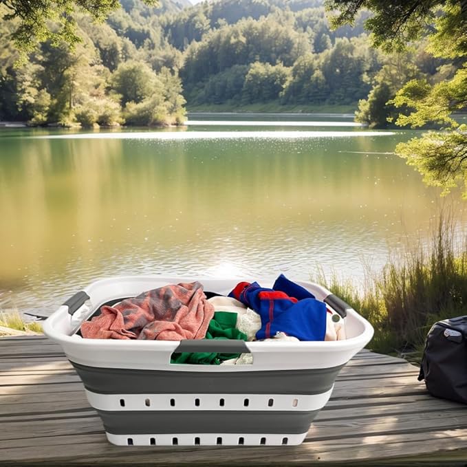 SAMMART 42L (11 gallon) Collapsible Plastic Laundry Basket - Foldable Pop Up Storage Container/Organizer - Space Saving Hamper/Basket (1, White/Steel Gray)