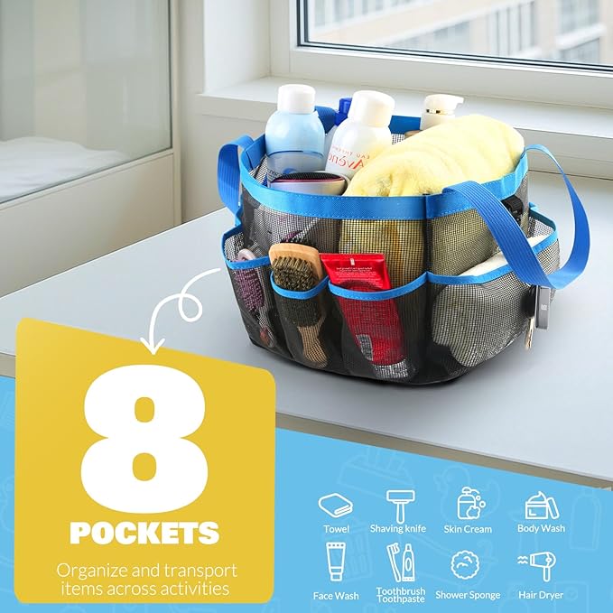 Mesh Shower Caddy Portable for College Dorm Room Essentials with 8 Pockets, Shower Bag for Beach, Swimming, Gym, Travel, Bathroom(Blue)