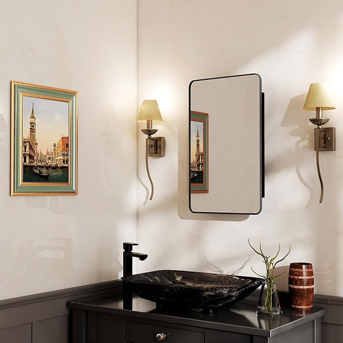 16x27.5 Medicine Cabinet with Mirror, Fully Assembled Recessed or Wall-Mounted Bathroom Mirrored Cabinet with Adjustable Storage Shelves for Vanity, Metal, Black