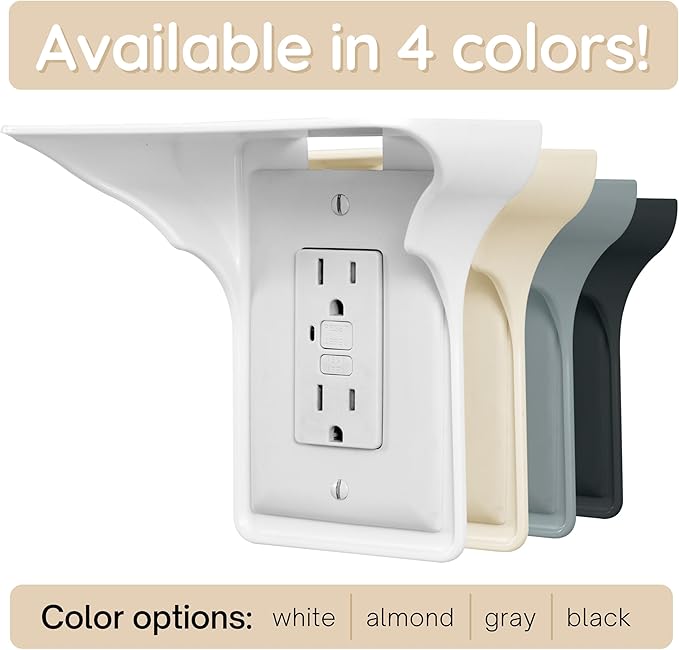 BeraTek Power Perch Wall Outlet Shelf | Declutter & Reclaim Counter Space | Bedroom & Bathroom Organizing Shelves | Alexa Echo Dot Holder, Router Shelf, Holds Electric Toothbrush | Almond, 2-Pack