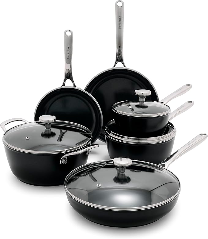 Lumenflon Orfeo 10 Piece Nonstick Cookware Set, Made in Italy, Diamond Ceramic PFAS-Free Pots & Pans, Induction Ready, Scratch Resistant, Laser-Fused Surface for Durability, Dishwasher Safe, Black