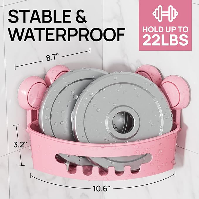 LEVERLOC Corner Shower Caddy Suction Cup, Shower Caddy Basket Powerful Suction Bathroom, Waterproof & Rustproof Organizer for Bathroom Storage, No-Drilling Removable (Pink)