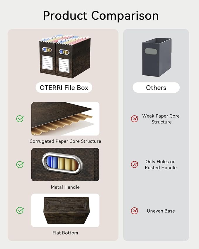 Oterri Cardboard File Organizer Box for Hanging File Folders Letter Size,File Box for Computer Desk,File Cabinet,Working Home,Office,Classroom (Brown Wood Grain Print, Letter Size - 6 Packs)