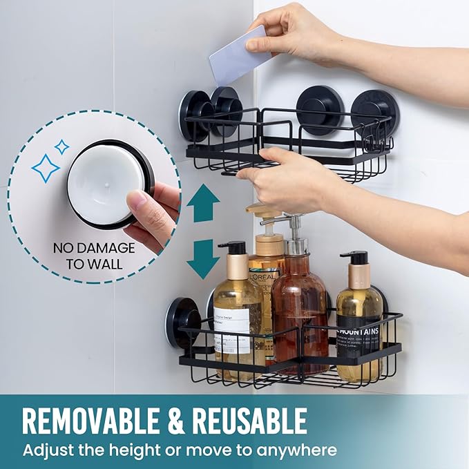TAILI 2 Pack Corner-adaptive Suction Cup Shower Caddy, Stainless Steel Rustproof Corner Shower Shelves, Large Capacity, Removable Suction Cup Bathroom Organizer, Drill-Free Wall Mounted Baskets, Black