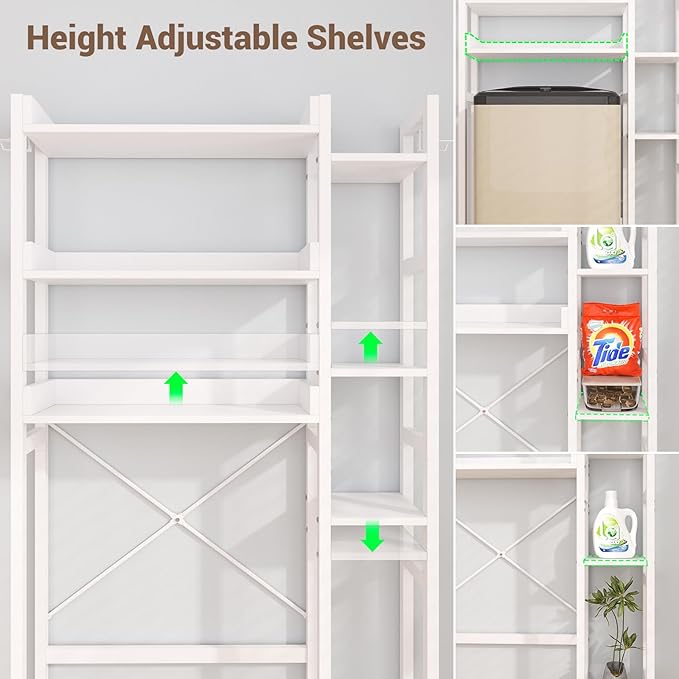 Over The Toilet Storage with 2 Drawers - 7 Tier Bathroom Organizer with Adjustable Shelf, Freestanding Space Saver Storage Rack Above Toilet Stand with 4 Hooks for Restroom, Laundry, White