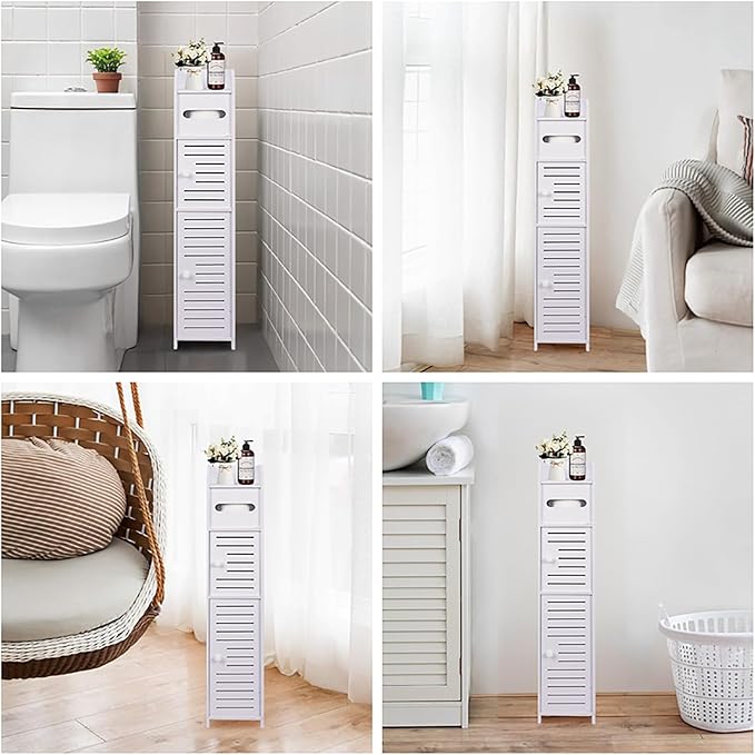 ShellKingdom Toilet Paper Holder Stand, Small Bathroom Storage Cabinet with Doors and Shelves, Slim Storage Cabinet for Bathroom Small Spaces Corner Floor - White