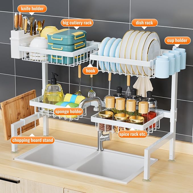YKLSLH Over Sink Dish Drying Rack, Expandable Large Drying Rack, Suitable for Most Sinks (24.8"-35.4"), Adjustable Metal Rack, Space Saving, White