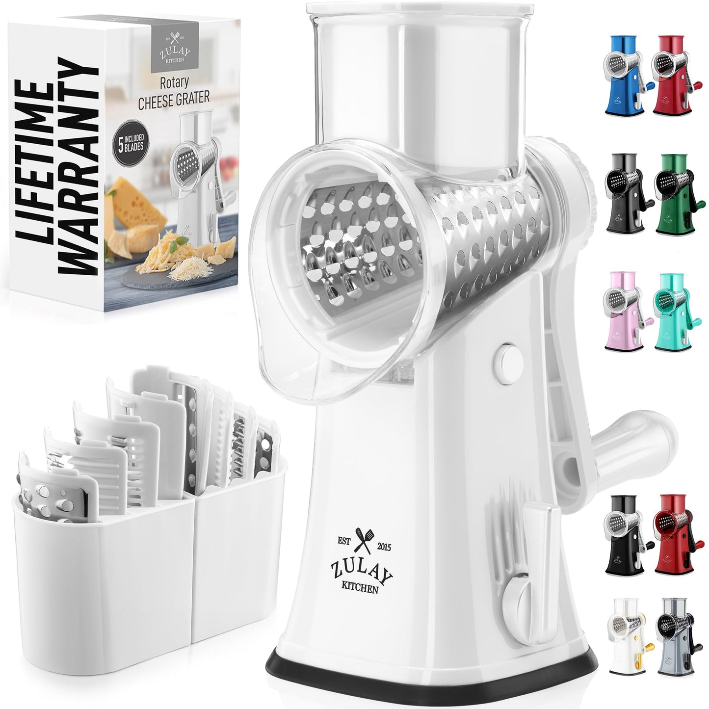 Zulay Kitchen Rotary Cheese Grater 5 Blade Cheese Shredder - Manual Hand Crank Cheese Grater With Reinforced Suction & 5 Interchangeable Drums - Easy to Use, Vegetable Chopper Round Mandoline Slicer