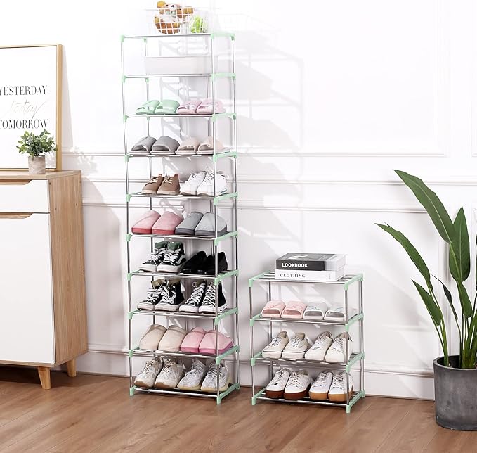 Stackable Small Shoe Rack, Entryway, Hallway and Closet Space Saving Storage and Organization (10-Tier, Green)