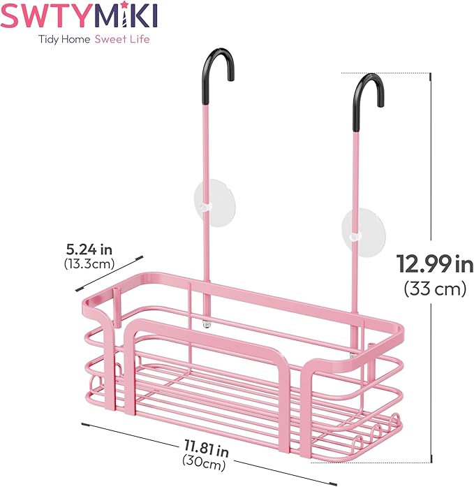 SWTYMIKI Shower Caddy Hanging Organizer - Over the Door Shower Caddy with 6 Hooks, 2 Installation Ways, Stainless Steel Rustproof Bathroom Organizer, Pink Small