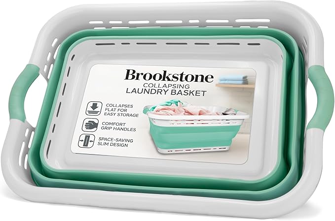 BROOKSTONE 11 GALLON XL 24" Collapsible Laundry Basket & Clothes Hamper, Comfort Non-Slip Handles, Modern Laundry Hamper with Space Saving Design, Portable Pop-Up Hamper, BPA FREE, Mint Retail, 1 Pack