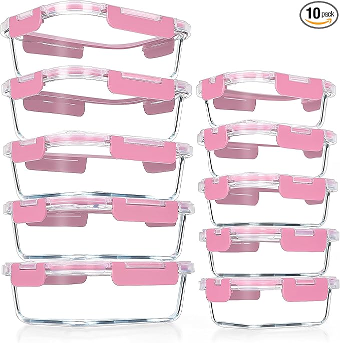 VERONES 10 PACK Glass Meal Prep Containers Set with Lids, Red