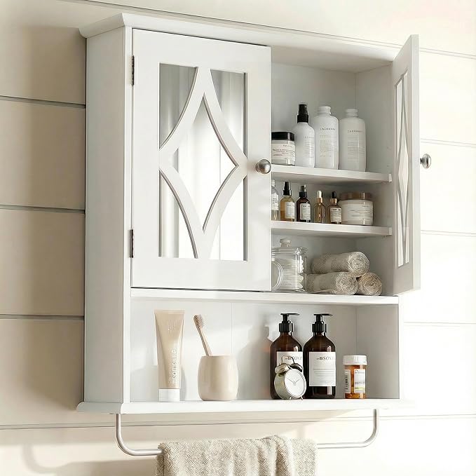 RoyalCraft Bathroom Wall Cabinet with Mirror, Over The Toilet Storage Cabinet with Towel Rack and Adjustable Shelf, Large Bathroom Medicine Cabinet Wall Mount 22x25 inch (White)