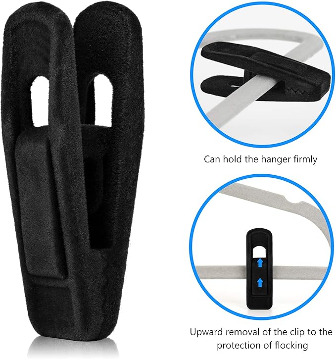 Tinfol 50pc Velvet Hanger Clips, Black Strong Finger Flocked Clips, Large Opening Clip Clothes Pin, Pants Hangers Clip for Thin Clothes Hangers