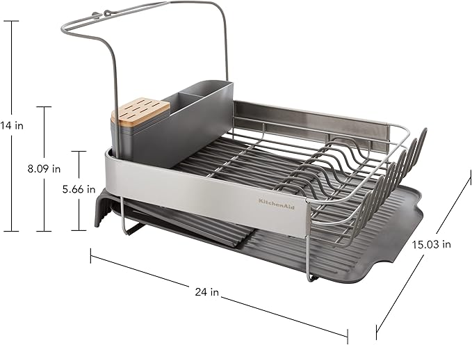 KitchenAid Compact to Full Size Expandable, Rust Resistant Satin Coated Dish Rack with Angled Self Draining Drain Board and Removable Flatware Caddy, 24-Inch, Charcoal
