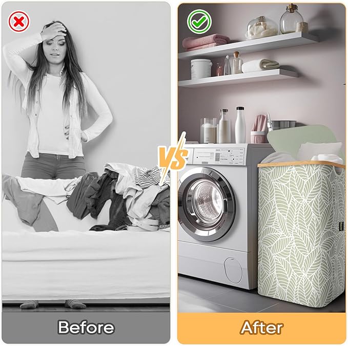 BALEINE Laundry Hamper with Lid, Tall Laundry Baskets with Bamboo Pull Handles, Large Laundry Bin with Internal Support (18 Gal/70L, Antique Foliage)