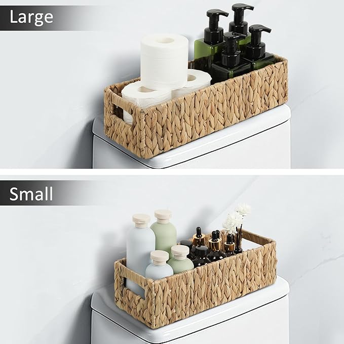 Nesting Small Wicker Basket, Water Hyacinth Toilet Paper Baskets Bathroom Organizer Woven Long Narrow Baskets for Organizing Pantry Bathroom Toilet Tank, 2 Pack