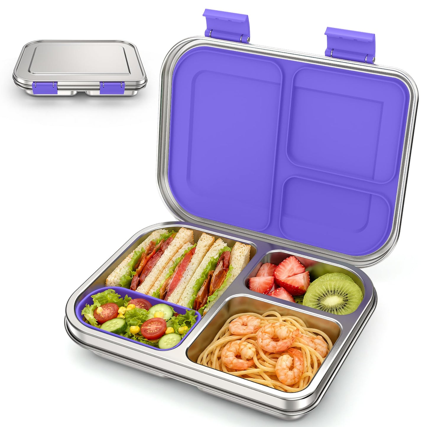 BABHAMNESS Stainless Steel Bento Box Kids, 3 Compartments Leak Proof Metal Bento Lunch Box, 304 Stainless Steel Bento Lunch Containers for School and Office,Dishwasher Safe, BPA-Free-Blue
