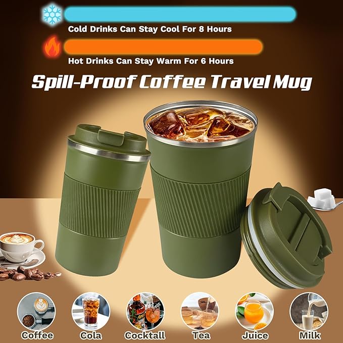 Vacuum-Insulated Stainless Steel Travel Coffee Mug, Leak-Proof Reusable Coffee Cup with Lid - Keep Hot & Cold Drinks for Hours, Durable Insulated Tumbler for Men & Women(3rd-Green, 12OZ)