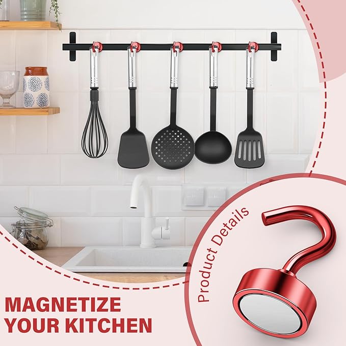 Magnetic Hooks, 25 lbs Magnetic Hooks, Magnet Hook for Cruise Cabins, Magnet Metal Hooks for Refrigerator, Mugs, Classroom, Kitchen, Home (Red, 8 Pack)