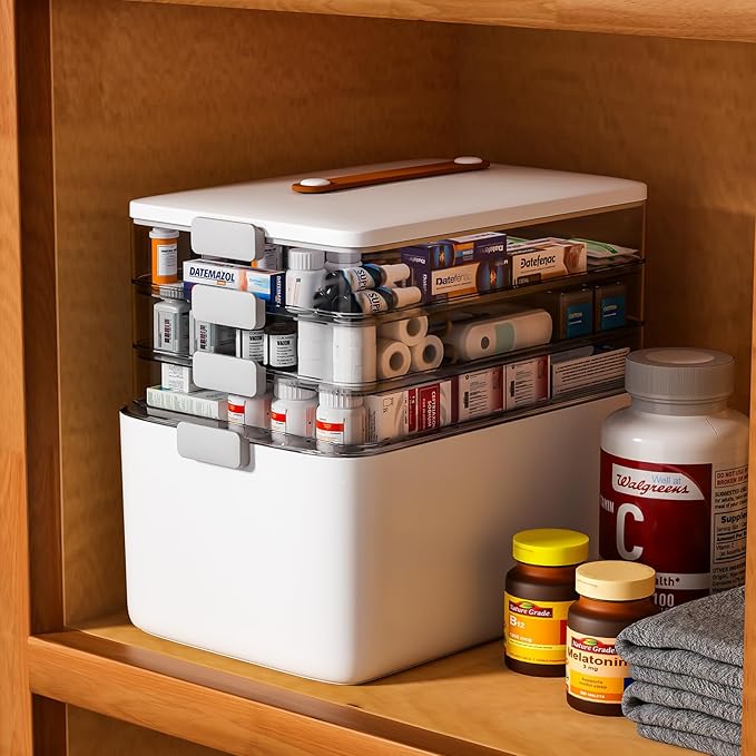 funest 4- Tier Medicine Storage Box Organizer Portable First Aid kit Box Empty with Handle, Multipurpose Medical Supply Organizer with Removable Tray, White