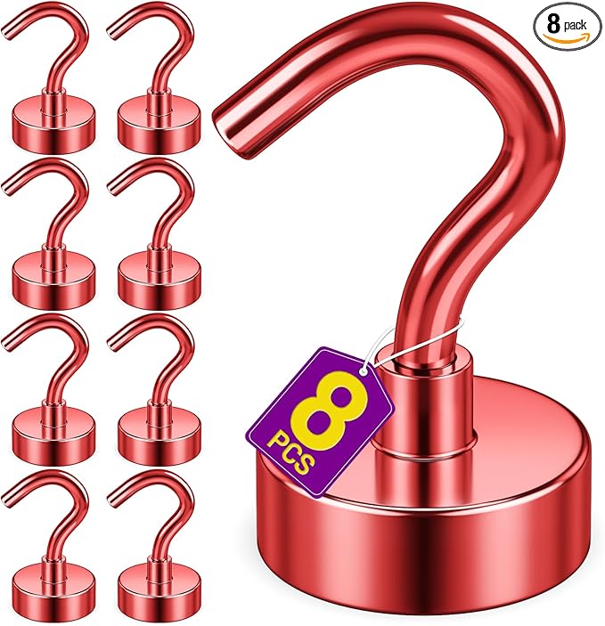 Magnetic Hooks, 25 lbs Magnetic Hooks, Magnet Hook for Cruise Cabins, Magnet Metal Hooks for Refrigerator, Mugs, Classroom, Kitchen, Home (Red, 8 Pack)