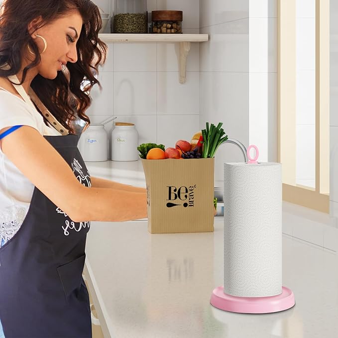 Pink Paper Towel Holder Countertop, Pink Kitchen Accessories Decor, Stainless Steel, Paper Towel Stand Holder for Bathroom Farmhouse Essentials with Weighted Base