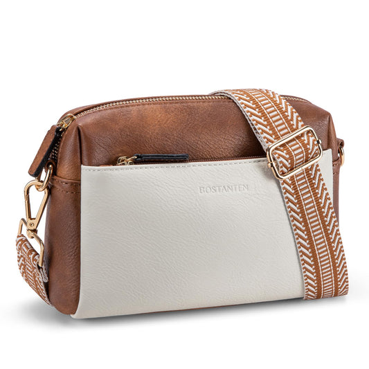 BOSTANTEN Small Crossbody Purse for Women Triple Zip Cell Phone Leather Shoulder Handbag with Wide Guitar Strap Beige with Brown