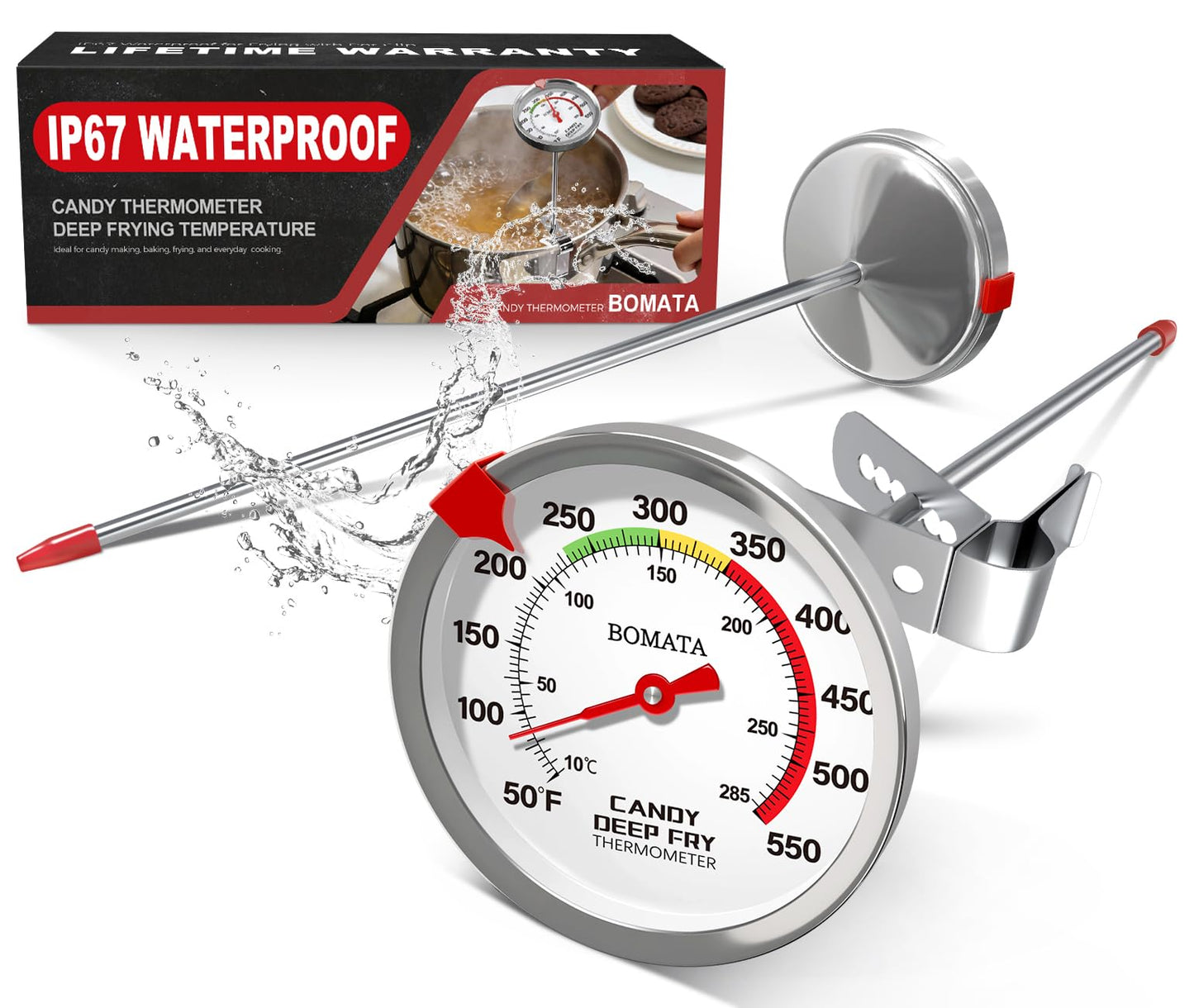 BOMATA Candy Thermometer with Pot Clip, Waterproof Deep Fry Oil Thermometer