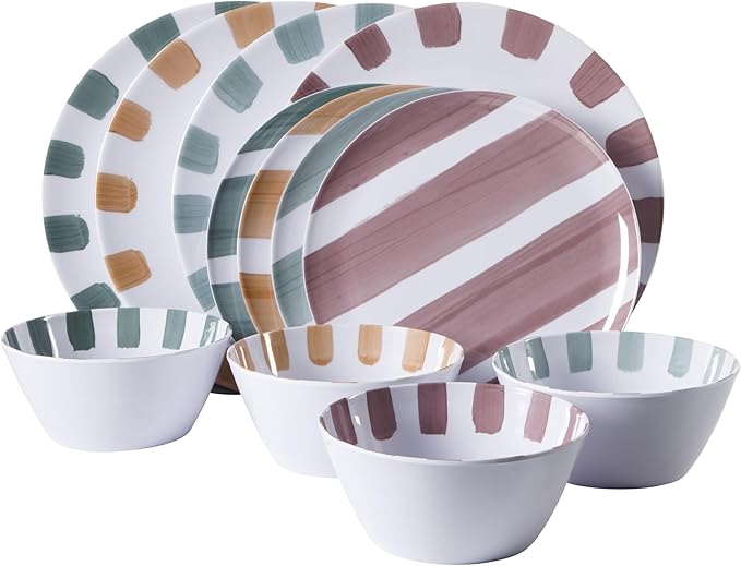 Gibson Home Casper Court 16-Piece Melamine Dinnerware Set – Green Reactive Glaze Look Plates and Bowls, Service for 4 – Top Rack Dishwasher Safe Everyday Dining Set