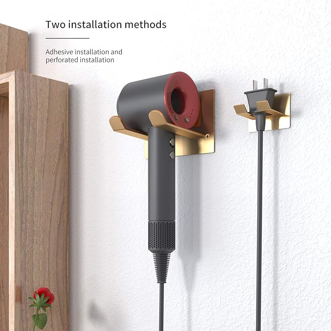 Adhesive Hair Dryer Holder - Stick on Wall or Wall Mount Bathroom Hair Blow Dryer Rack Organizer Compatible with Supersonic Hair Dryers (Gold)