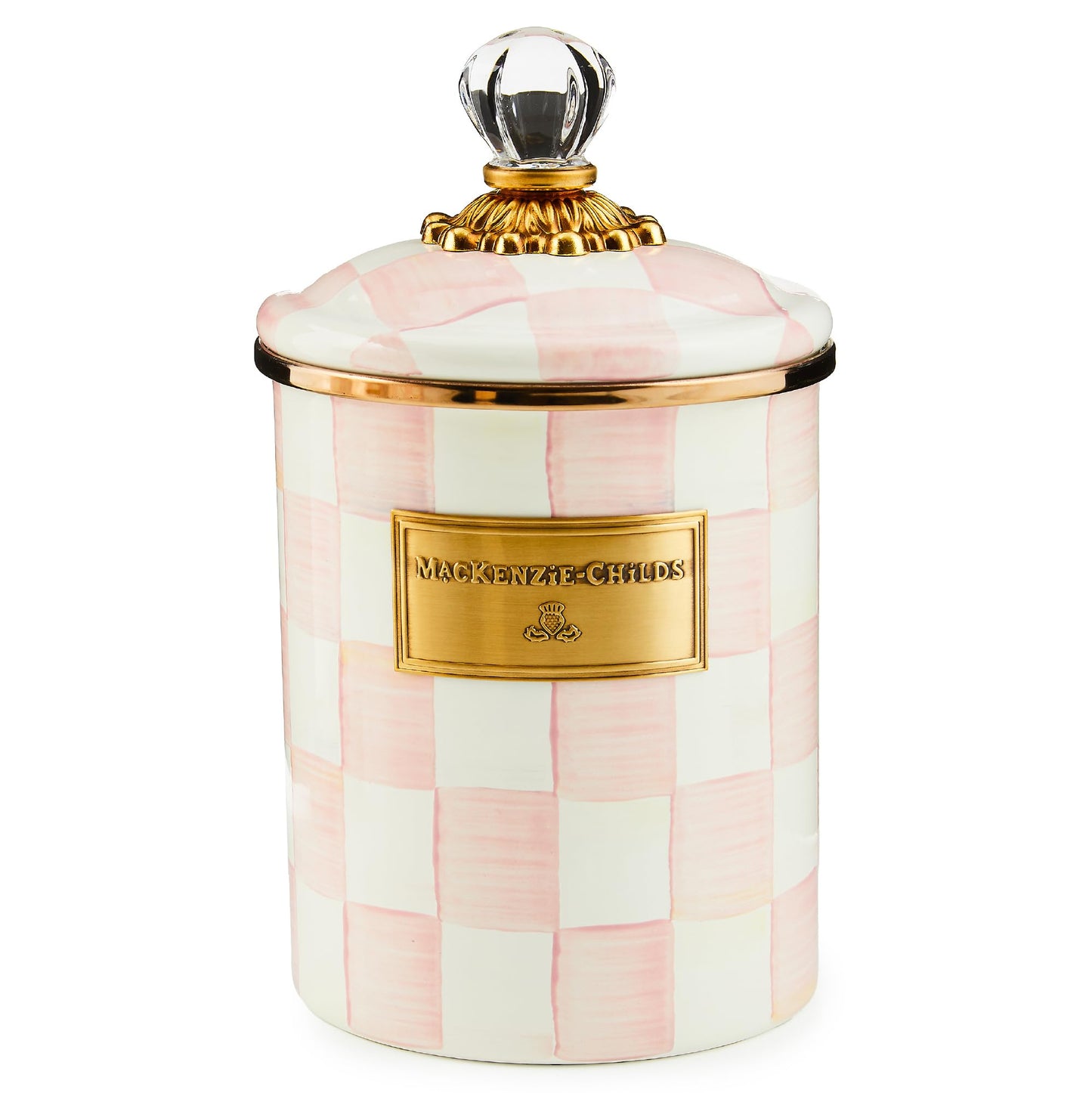 MACKENZIE-CHILDS Enamel Canister, Medium, Pink-and-White Rosy Check