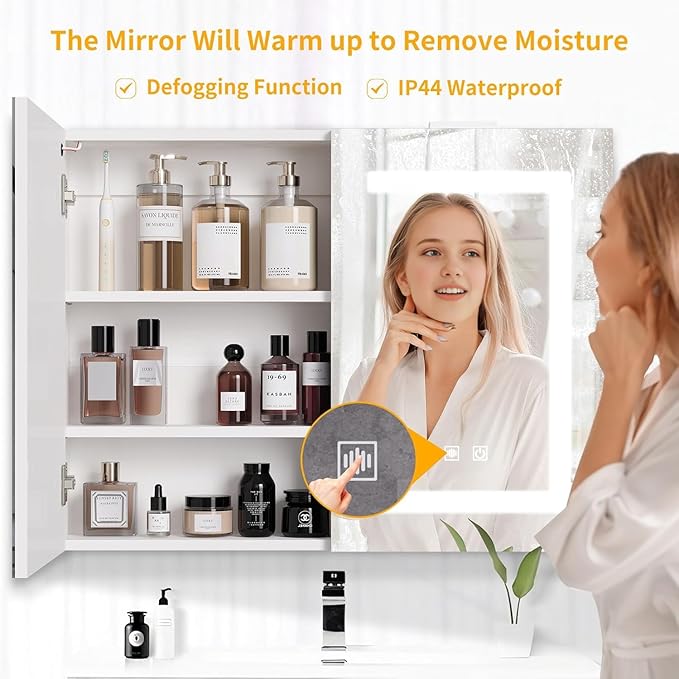 Snughome Bathroom Medicine Cabinet with Mirror and LED Lights, Wall Mount Bathroom Mirror with Storage, Anti-Fog, Built-in Power Outlets, Dimmable 3 Color Temp, Antirust Easy to Install, 31.5" x 23.6"